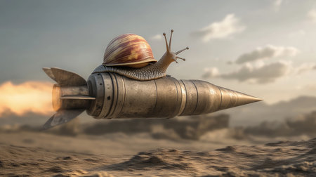 A snail riding on top of a speeding missile, symbolizing the contrast between slow progress and rapid acceleration.の素材