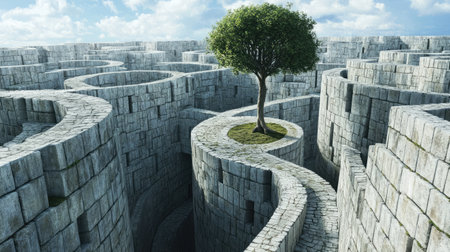A solitary tree standing tall in the middle of a stone city maze, with narrow paths winding through towering walls.の素材