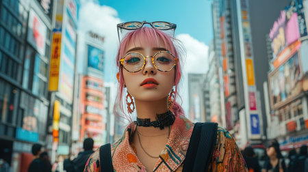 Stylish 20-year-old Japanese woman walking the streets of Shibuya, dressed in unique fashion, vibrant city life captured in the background.の素材