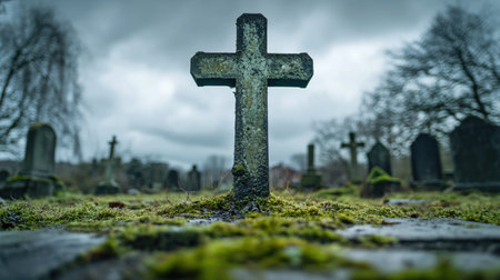 Close-up of a mossy concrete cross seen from a low angle, standing solitary in an old, neglected cemetery under a moody sky.の素材