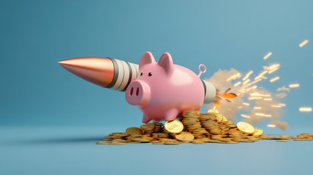 A missile carrying a pink piggy bank that is eating gold coins, visualizing fast-tracked savings and financial growth.の素材