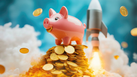 A pink piggy bank on a missile, eating gold coins, symbolizing rapid progress towards financial savings.の素材