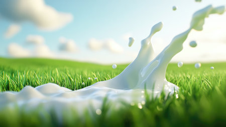 Elegant display stand with milk cascading onto vibrant green grass, under a clear sky, symbolizing natural and fresh product beauty.の素材