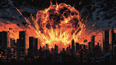 Explosive scene above a city, captured in apocalyptic vintage comic style, evoking a retro, dramatic atmosphereの素材