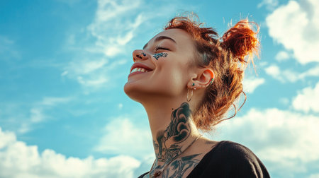 Side profile portrait of a happy woman with face tattoos and piercings, breathing fresh air outdoors under a blue sky, smiling.の素材