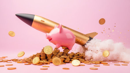 A missile carrying a pink piggy bank that is eating gold coins, visualizing fast-tracked savings and financial growth.の素材