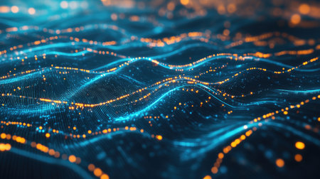 Futuristic digital marketing concept with data exchanges visualized as glowing lines connecting across a blue-toned network background.の素材