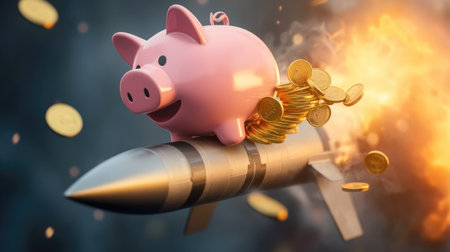 Pink piggy bank on a missile, with gold coins flying into its mouth, symbolizing progress in saving money.の素材