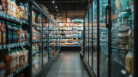 A bright and orderly aisle in a supermarket's refrigerated section, showcasing a variety of chilled items.の素材