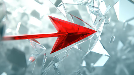 3D render of a red arrow piercing through a glass ceiling, representing success, ambition, and overcoming obstacles.の素材