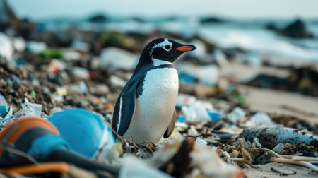 A cute penguin amid beach garbage, emphasizing the environmental impact of pollution on wildlifeの素材