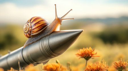 Snail perched on a missile, illustrating the concept of accelerated progression and the shift from slow to fastの素材