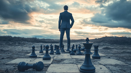 A determined businessman stands by fallen chess pieces, staring into the horizon, representing contemplation and resilience.の素材