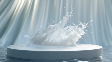 A 3D-rendered platform with a dramatic white liquid splash, offering a sophisticated stage for showcasing premium products.の素材