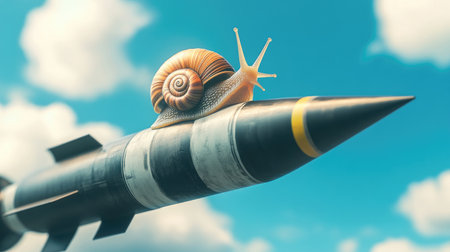 Snail perched on a missile, illustrating the concept of accelerated progression and the shift from slow to fastの素材