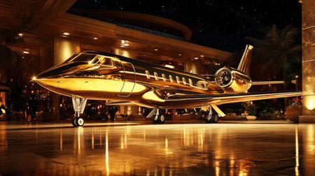 A golden jet gleams in a luxurious setting at night, symbolizing wealth and extravagance in a glamorous sceneの素材