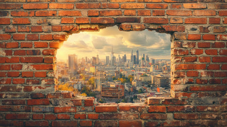 A glimpse of a vibrant city through a hole in a brick wall, signifying overcoming obstacles and discovering new horizons.の素材