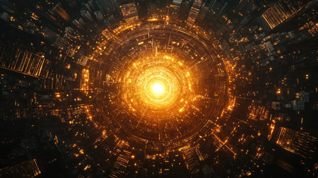 A city glowing with golden lights from an aerial view, featuring a circular design with intricate details, and a bright center illuminating the urban landscape.の素材