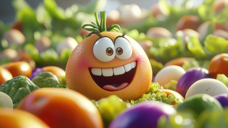A single cartoon vegetable, filled with happiness and excitement, spreading joy in a lively and colorful scene.の素材