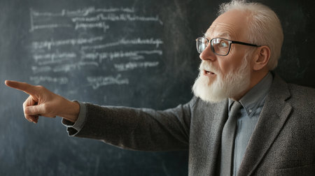 A senior educator pointing at a blackboard, filled with knowledge and experience, ready to impart wisdom to the next generationの素材