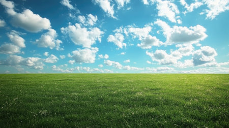 A vast empty green meadow under a beautiful sky with fluffy clouds, capturing the serenity of nature and the open landscapeの素材