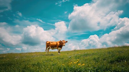 A lonely cow in a green field under a sky with beautiful clouds, offering a peaceful and quiet countryside scene.の素材