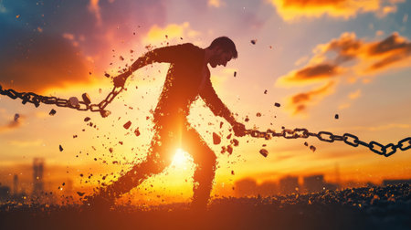 A metaphorical image of a man breaking chains, representing the triumph of willpower and the pursuit of liberation.の素材