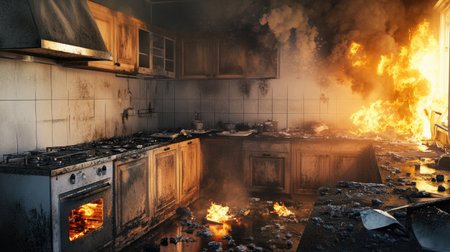 A kitchen scene showing the aftermath of a fire, with soot-covered surfaces and damaged appliances, emphasizing fire safety awareness.の素材