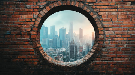 A round hole in a brick wall revealing a modern cityscape beyond, symbolizing breakthrough, progress, and new opportunities.の素材
