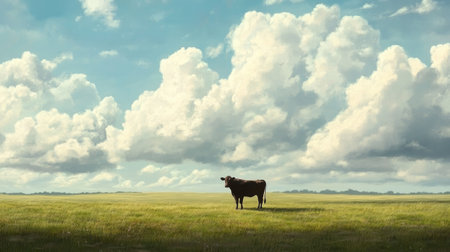 A lone cow stands in an empty green field under a sky filled with beautiful clouds, creating a serene rural landscape.の素材