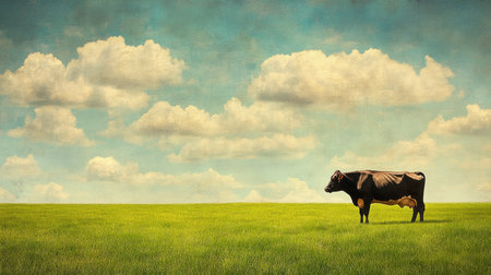 A solitary cow in an empty green field, with a sky filled with clouds providing a tranquil and serene setting.の素材