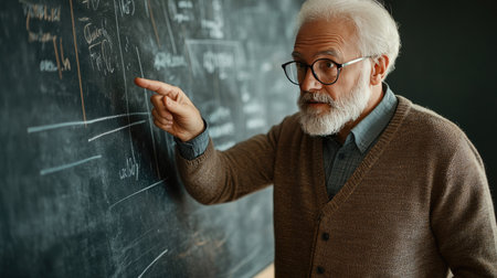 A senior educator pointing at a blackboard, filled with knowledge and experience, ready to impart wisdom to the next generationの素材