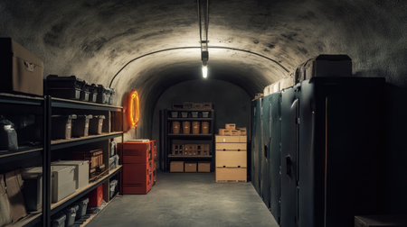 A secure, modern underground bunker filled with essential supplies, showcasing state-of-the-art protection.の素材