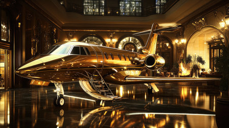 A golden jet gleams in a luxurious setting at night, symbolizing wealth and extravagance in a glamorous sceneの素材