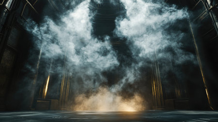A metallic stage with swirling atmospheric smoke and dramatic lighting, creating a suspenseful and intense ambiance.の素材