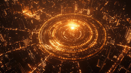 Aerial view of a city designed in a circular pattern, glowing with golden lights, with the brightest illumination at its core, creating a stunning nighttime scene.の素材
