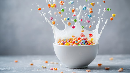 A vibrant splash of milk with colorful cereal grains falling into a bowl, set against a grey backdrop. Copy text area for creative food concepts.の素材