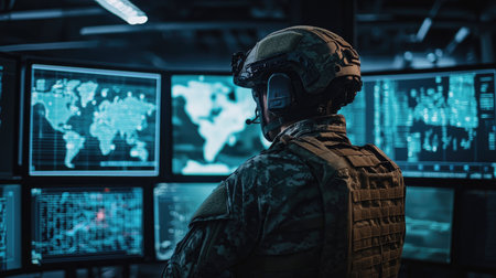 A soldier in a state-of-the-art war room, surrounded by screens displaying strategic maps and real-time information.の素材