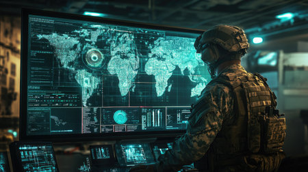 A soldier in a high-tech war room, utilizing digital maps and screens to coordinate tactical operations.の素材