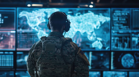 A soldier in a state-of-the-art war room, surrounded by screens displaying strategic maps and real-time information.の素材