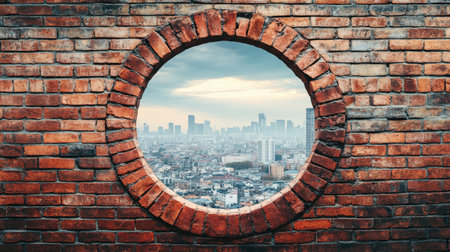 A round hole in a brick wall revealing a modern cityscape beyond, symbolizing breakthrough, progress, and new opportunities.の素材