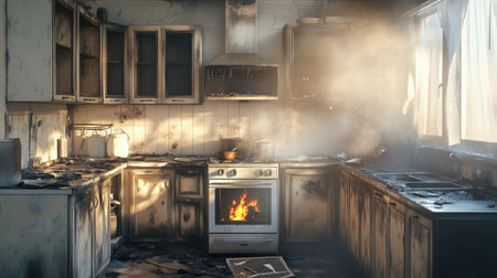 Aftermath of a kitchen fire, with charred appliances and smoke damage, highlighting the importance of fire safety, prevention, and recovery.の素材