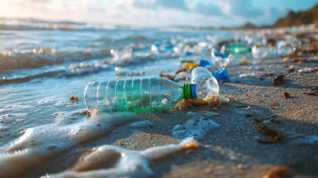 Bottles and plastic waste littering a beach, illustrating the impact of pollution on our oceans and the importance of cleanup.の素材