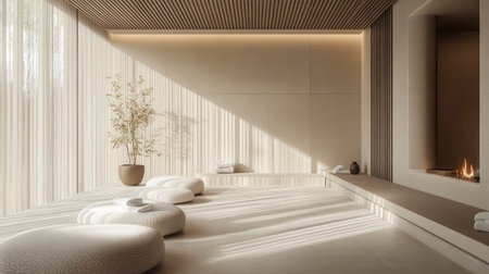 An elegant, minimalist spa lounge featuring modern interior design with natural light streaming in, creating a tranquil and serene environment.の素材