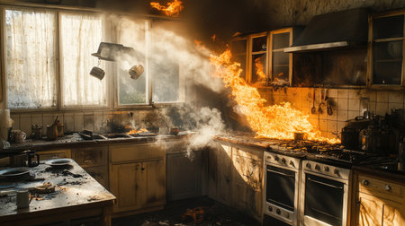 Aftermath of a devastating kitchen fire, illustrating the consequences of neglecting fire safety and the importance of preparedness.の素材