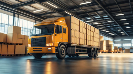 Modern delivery truck packed with boxes, emphasizing efficiency and capacity in large-scale logistics. Ideal for e-commerce and supply chain visuals.の素材