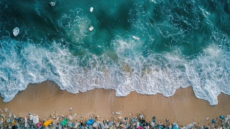 An ocean beach marred by plastic garbage pollution, emphasizing the urgent need for environmental action.の素材