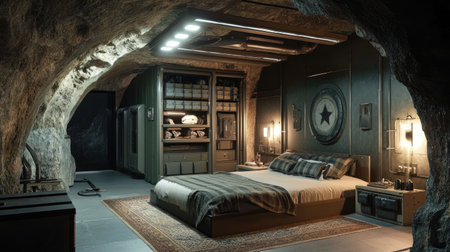 An underground bunker with a focus on modern security features and essential supplies, built for maximum protection.の素材