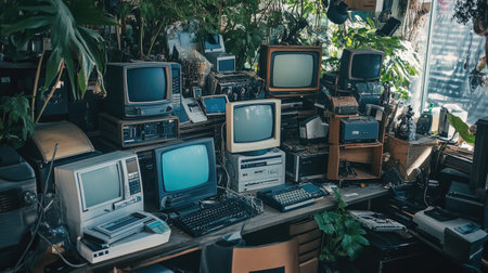 Electronics recycling station, filled with old gadgets ready to be repurposed, promoting sustainability and environmental careの素材