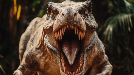Close-up of a roaring T-rex, with its powerful jaws open, ready to strike, exemplifying the ferocity of the dinosaur era.の素材